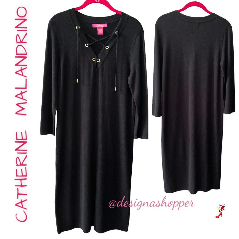 Sweater Dress Black Classy Gold Lace Up Tie front Upscale Catherine Malandrino